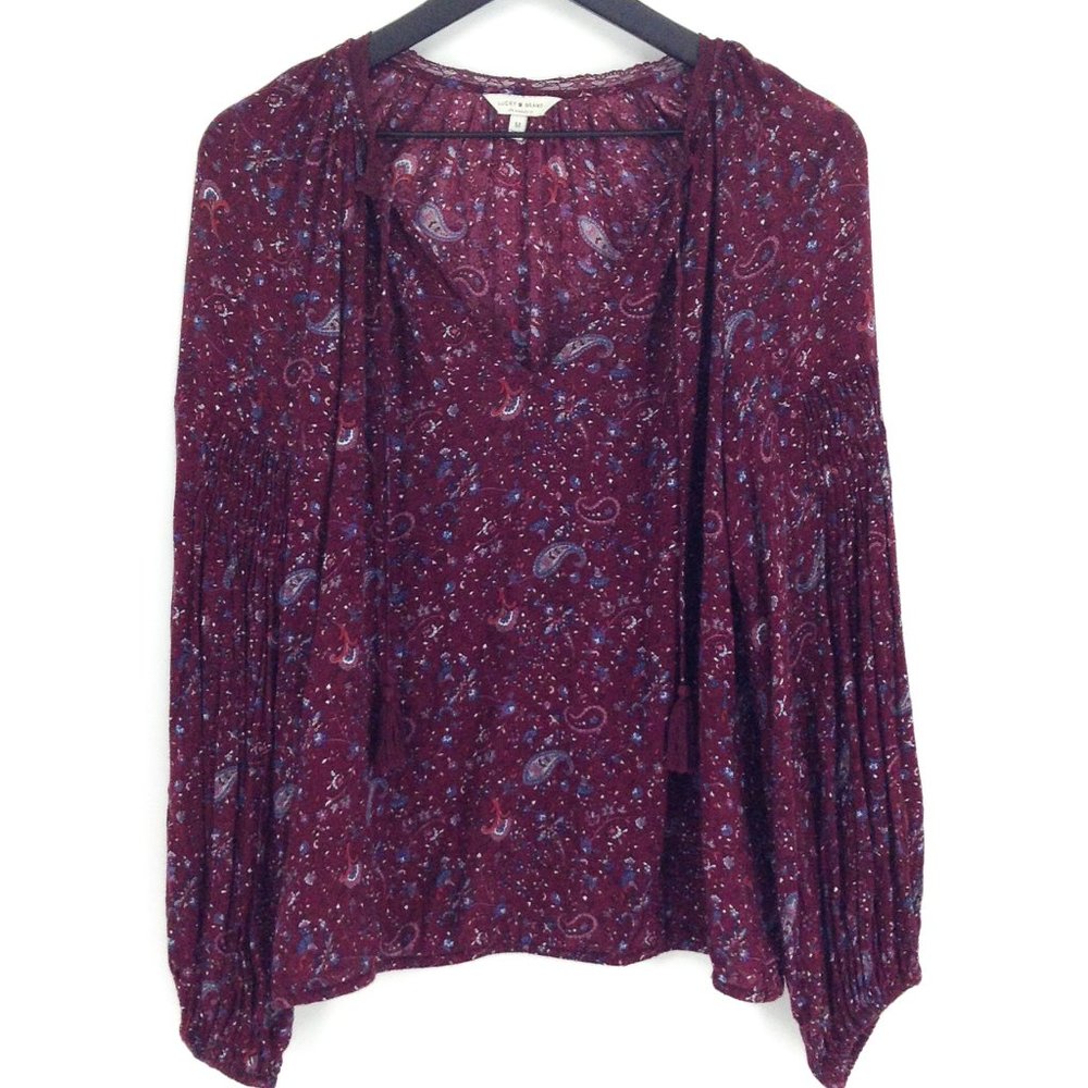 LUCKY BRAND Paisley Floral Lace Peasant Burgundy V Neck Top